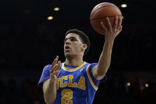 UCLA guard Lonzo Ball (2) during the first half of an NCAA college basketball game against Arizona, Saturday, Feb. 25, 2017, in Tucson, Ariz. (AP Photo/Rick Scuteri)