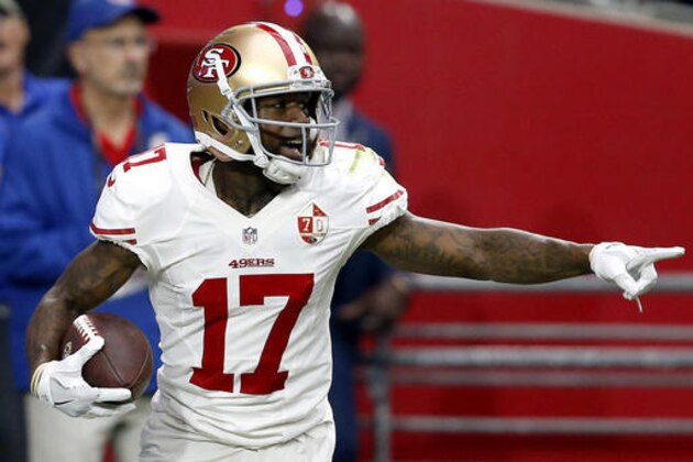 San Francisco 49ers wide receiver Jeremy Kerley (17) celebrates his touchdown against the Arizona Cardinals during the first half of an NFL football game, Sunday, Nov. 13, 2016, in Glendale, Ariz. (AP Photo/Ross D. Franklin)