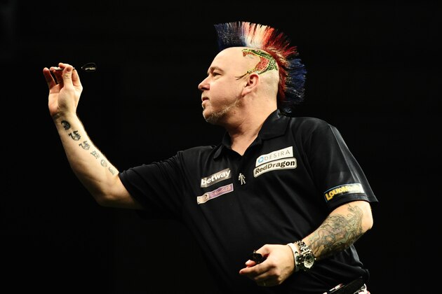 EXETER, UNITED KINGDOM - MARCH 02: Peter Wright throws during Night Five of the Betway Premier League Darts at Westpoint Arena on March 2, 2017 in Exeter, England. (Photo by Harry Trump/Getty Images)