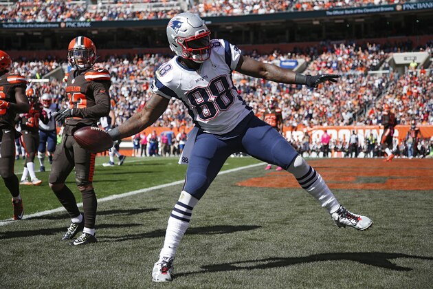 CLEVELAND, OH - OCTOBER 09: Martellus Bennett #88 of the New England Patriots spikes the ball after a touchdown against the Cleveland Browns during the game at FirstEnergy Stadium on October 9, 2016 in Cleveland, Ohio. The Patriots defeated the Browns 33-13. (Photo by Joe Robbins/Getty Images)