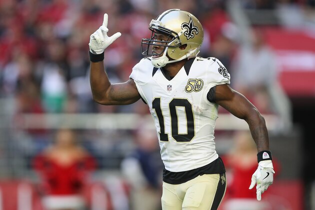 GLENDALE, AZ - DECEMBER 18:  Wide receiver Brandin Cooks #10 of the New Orleans Saints reacts after scoring a 65 yard touchdown reception in the second quarter against the Arizona Cardinals during the NFL game at the University of Phoenix Stadium on December 18, 2016 in Glendale, Arizona.  (Photo by Christian Petersen/Getty Images)