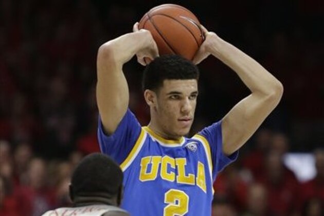 UCLA guard Lonzo Ball (2) during the first half of an NCAA college basketball game against Arizona, Saturday, Feb. 25, 2017, in Tucson, Ariz. (AP Photo/Rick Scuteri)
