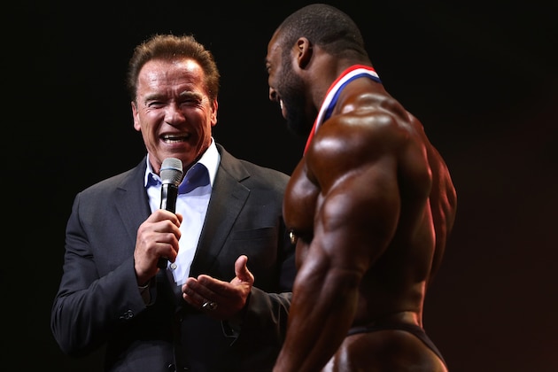 COLUMBUS, OH - MARCH 4: Arnold Schwarzenegger interviews Cedric McMillan, winner of the Arnold Classic, at the Greater Columbus Convention Center during the Arnold Sports Festival 2017 on March 4, 2017 in Columbus, Ohio. (Photo by Maddie Meyer/Getty Images)