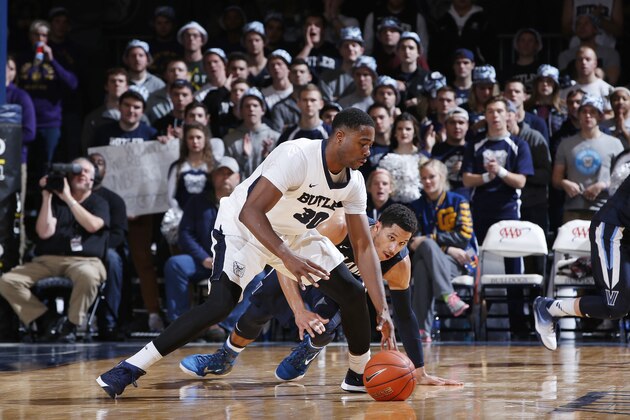INDIANAPOLIS, IN - JANUARY 10: Kelan Martin #30 of the Butler Bulldogs handles the ball against the Villanova Wildcats during the game at Hinkle Fieldhouse on January 10, 2016 in Indianapolis, Indiana. Villanova defeated Butler 60-55. (Photo by Joe Robbins/Getty Images)