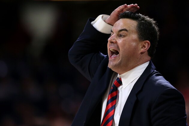 TUCSON, AZ - FEBRUARY 23: Head coach Sean Miller of the Arizona Wildcats gestures during the second half of the college basketball game against the USC Trojans at McKale Center on February 23, 2017 in Tucson, Arizona. Arizona beat USC 90-77. (Photo by Chris Coduto/Getty Images)