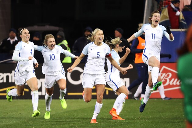 England's Ellen White leaps into the air after scoring the go-ahead goal against the United States as the United States and England women's national teams play in the SheBelieves Cup in Harrison, NJ, on March 4, 2017.  / AFP PHOTO / DOMINICK REUTER        (Photo credit should read DOMINICK REUTER/AFP/Getty Images)