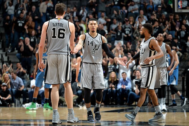 SAN ANTONIO, TX - MARCH 4: Danny Green #14, Pau Gasol #16 and Patty Mills #8 of the San Antonio Spurs high five each other during the game against the Minnesota Timberwolves on March 4, 2017 at the AT&T Center in San Antonio, Texas. NOTE TO USER: User expressly acknowledges and agrees that, by downloading and or using this photograph, user is consenting to the terms and conditions of the Getty Images License Agreement. Mandatory Copyright Notice: Copyright 2017 NBAE (Photos by Mark Sobhani/NBAE via Getty Images)
