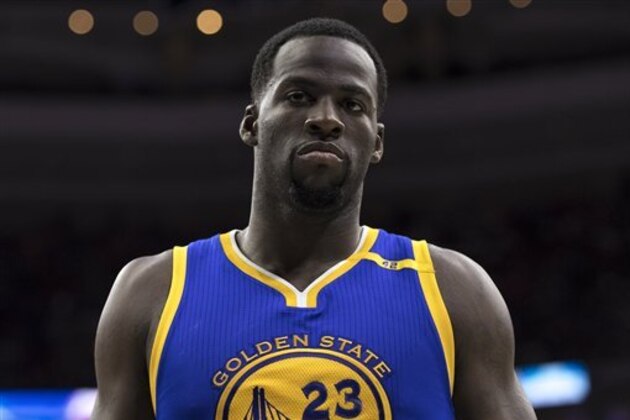 Golden State Warriors' Draymond Green looks on during the second half of an NBA basketball game against the Philadelphia 76ers, Monday, Feb. 27, 2017, in Philadelphia. The Warriors won 119-108. (AP Photo/Chris Szagola)