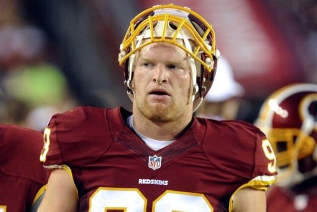 Redskins Trent Murphy on the sidelines during the second half of an NFL football preseason game against the New England Patriots in Landover, Md., Thursday, Aug. 7, 2014. (AP Photo/Richard Lipski)