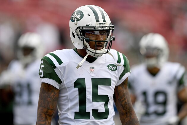 SANTA CLARA, CA - DECEMBER 11:  Brandon Marshall #15 of the New York Jets looks on during pregame warm ups prior to playing the San Francisco 49ers in an NFL football game at Levi's Stadium on December 11, 2016 in Santa Clara, California.  (Photo by Thearon W. Henderson/Getty Images)