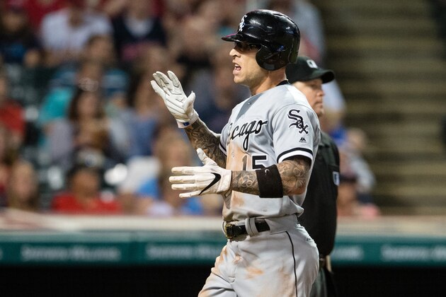 CLEVELAND, OH -  JUNE 17: Brett Lawrie #15 of the Chicago White Sox celebrates after scoring on a double by Avisail Garcia #26 during the ninth inning against the Cleveland Indians at Progressive Field on June 17, 2016 in Cleveland, Ohio. (Photo by Jason Miller/Getty Images)