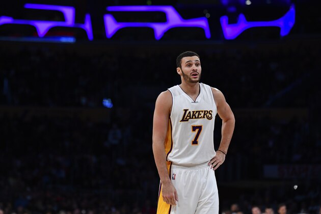LOS ANGELES, CA - DECEMBER 11:  Larry Nance Jr. #7 of the Los Angeles Lakers plays against the New York Knicks on December 11, 2016 at STAPLES Center in Los Angeles, California. NOTE TO USER: User expressly acknowledges and agrees that, by downloading and or using this photograph, User is consenting to the terms and conditions of the Getty Images License Agreement. (Photo by Robert Laberge/Getty Images)