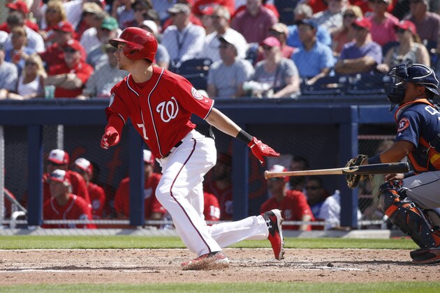 WEST PALM BEACH, FL - FEBRUARY 28: Trea Turner #7 of the Washington Nationals hits the ball against the Houston Astros in the second inning during a spring training game at The Ballpark of the Palm Beaches on February 28, 2017 in West Palm Beach, Florida. The Nationals defeated the Astros 4-3. (Photo by Joel Auerbach/Getty Images)