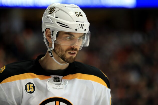 ANAHEIM, CA - FEBRUARY 22: Adam McQuaid #54 of the Boston Bruins looks on during the third period of a game against the Anaheim Ducks  at Honda Center on February 22, 2017 in Anaheim, California.  (Photo by Sean M. Haffey/Getty Images)