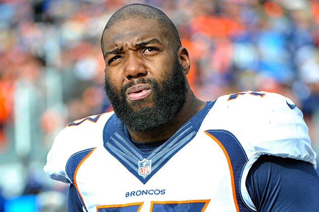 NASHVILLE, TN - DECEMBER 11:  Russell Okung #73 of the Denver Broncos watches from the sideline during a game against the Tennessee Titans at Nissan Stadium on December 11, 2016 in Nashville, Tennessee.  (Photo by Frederick Breedon/Getty Images)