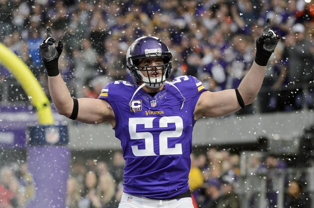 MINNEAPOLIS, MN - JANUARY 01: Chad Greenway #52 of the Minnesota Vikings is introduced before the game against the Chicago Bears on January 1, 2017 at US Bank Stadium in Minneapolis, Minnesota. (Photo by Hannah Foslien/Getty Images)