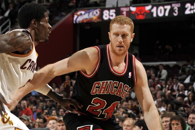 CLEVELAND, OH - MARCH 2: Brian Scalabrine #24 of the Chicago Bulls drives against the Cleveland Cavaliers at The Quicken Loans Arena on March 2, 2012 in Cleveland, Ohio. NOTE TO USER: User expressly acknowledges and agrees that, by downloading and/or using this Photograph, user is consenting to the terms and conditions of the Getty Images License Agreement. Mandatory Copyright Notice: Copyright 2012 NBAE (Photo by David Liam Kyle/NBAE via Getty Images)