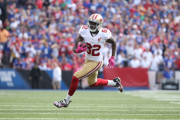 BUFFALO, NY - OCTOBER 16:   Torrey Smith #82 of the San Francisco 49ers runs after the catch during the first half against the Buffalo Bills at New Era Field on October 16, 2016 in Buffalo, New York.  (Photo by Tom Szczerbowski/Getty Images)