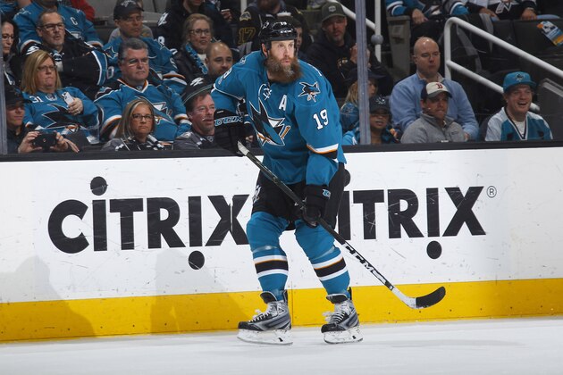 SAN JOSE, CA - FEBRUARY 19: Joe Thornton #19 of the San Jose Sharks skates against the Boston Bruins at SAP Center on February 19, 2017 in San Jose, California. (Photo by Rocky W. Widner/NHL/Getty Images)