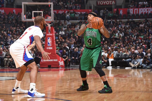 LOS ANGELES, CA - MARCH 6:  Isaiah Thomas #4 of the Boston Celtics handles the ball against the Los Angeles Clippers on March 6, 2017 at STAPLES Center in Los Angeles, California. NOTE TO USER: User expressly acknowledges and agrees that, by downloading and/or using this Photograph, user is consenting to the terms and conditions of the Getty Images License Agreement. Mandatory Copyright Notice: Copyright 2017 NBAE (Photo by Andrew D. Bernstein/NBAE via Getty Images)