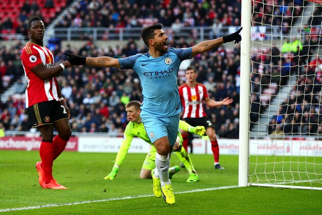 SUNDERLAND, ENGLAND - MARCH 05: Sergio Aguero of Manchester City celebrates scoring the opening goal during the Premier League match between Sunderland and Manchester City at Stadium of Light on March 5, 2017 in Sunderland, England. (Photo by Chris Brunskill Ltd/Getty Images)
