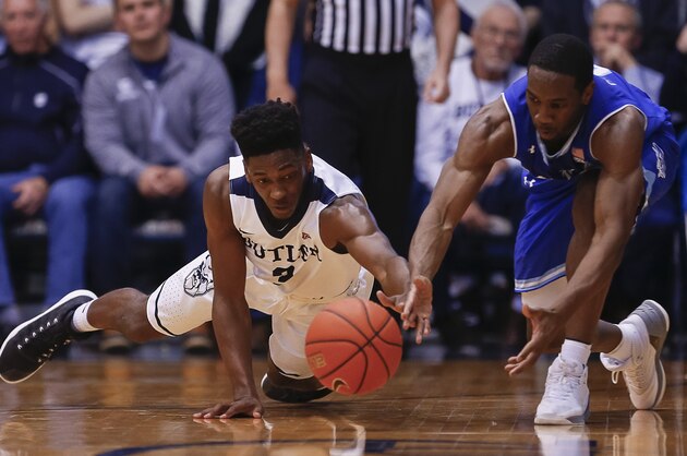 INDIANAPOLIS, IN - MARCH 04: Kamar Baldwin #3 of the Butler Bulldogs dives for the ball against Khadeen Carrington #0 of the Seton Hall Pirates at Hinkle Fieldhouse on March 4, 2017 in Indianapolis, Indiana. (Photo by Michael Hickey/Getty Images)