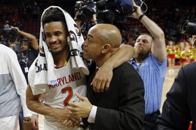 Maryland guard Melo Trimble (2) walks off the court after an NCAA college basketball game against Michigan State, Saturday, March 4, 2017, in College Park, Md. Maryland won 63-60. (AP Photo/Patrick Semansky)