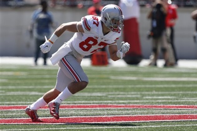Ohio State wide receiver Alex Stump plays in Ohio State's NCAA college football spring game Saturday, April 16, 2016, in Columbus, Ohio. (AP Photo/Jay LaPrete)