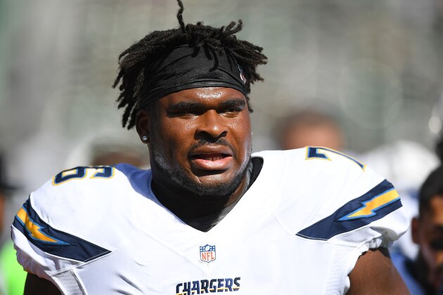 OAKLAND, CA - OCTOBER 09:  D.J. Fluker #76 of the San Diego Chargers looks on during pregame warm ups prior to playing the Oakland Raiders in an NFL football game at Oakland-Alameda County Coliseum on October 9, 2016 in Oakland, California.  (Photo by Thearon W. Henderson/Getty Images)