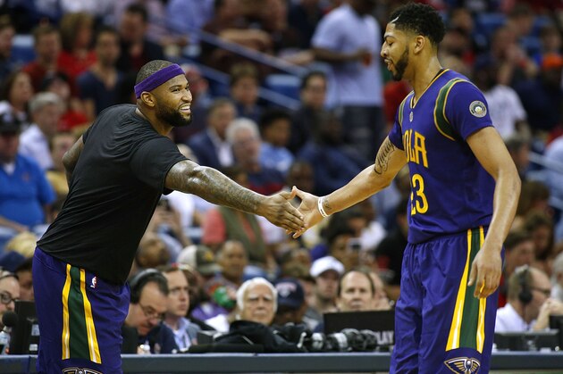 NEW ORLEANS, LA - FEBRUARY 23:  DeMarcus Cousins #0 of the New Orleans Pelicans and Anthony Davis #23 react during the first half of a game against the Houston Rockets at the Smoothie King Center on February 23, 2017 in New Orleans, Louisiana. NOTE TO USER: User expressly acknowledges and agrees that, by downloading and or using this photograph, User is consenting to the terms and conditions of the Getty Images License Agreement.  (Photo by Jonathan Bachman/Getty Images)