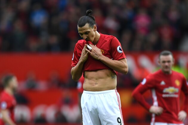 MANCHESTER, ENGLAND - MARCH 04:  Zlatan Ibrahimovic of Manchester United reacts during the Premier League match between Manchester United and AFC Bournemouth at Old Trafford on March 4, 2017 in Manchester, England.  (Photo by Shaun Botterill/Getty Images)