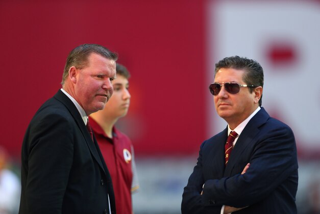Dec 4, 2016; Glendale, AZ, USA; Washington Redskins general manager Scot McCloughan (left) and owner Daniel Snyder prior to the game against the Arizona Cardinals at University of Phoenix Stadium. Mandatory Credit: Mark J. Rebilas-USA TODAY Sports