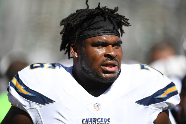 OAKLAND, CA - OCTOBER 09:  D.J. Fluker #76 of the San Diego Chargers looks on during pregame warm ups prior to playing the Oakland Raiders in an NFL football game at Oakland-Alameda County Coliseum on October 9, 2016 in Oakland, California.  (Photo by Thearon W. Henderson/Getty Images)