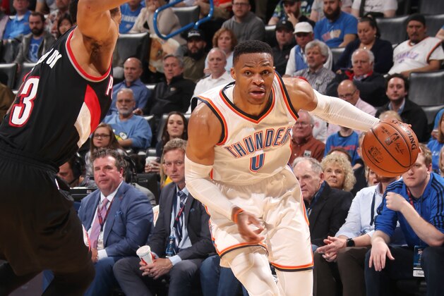 OKLAHOMA CITY, OK - MARCH 7: Russell Westbrook #0 of the Oklahoma City Thunder drives to the basket against the Portland Trail Blazers during the game on March 7, 2017 at Chesapeake Energy Arena in Oklahoma City, Oklahoma. NOTE TO USER: User expressly acknowledges and agrees that, by downloading and or using this photograph, User is consenting to the terms and conditions of the Getty Images License Agreement. Mandatory Copyright Notice: Copyright 2017 NBAE (Photo by Layne Murdoch/NBAE via Getty Images)