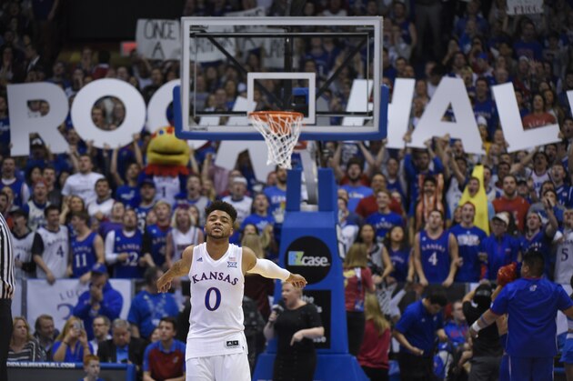 LAWRENCE, KS - FEBRUARY 27: Frank Mason III #0 of the Kansas Jayhawks stretch prior to a game against the Oklahoma Sooners at Allen Fieldhouse on February 27, 2017 in Lawrence, Kansas. (Photo by Ed Zurga/Getty Images)
