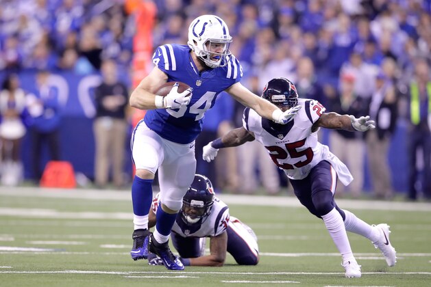 INDIANAPOLIS, IN - DECEMBER 11:  Jack Doyle #84 of the Indianapolis Colts runs with the ball during the game against the Houston Texans at Lucas Oil Stadium on December 11, 2016 in Indianapolis, Indiana.  (Photo by Andy Lyons/Getty Images)