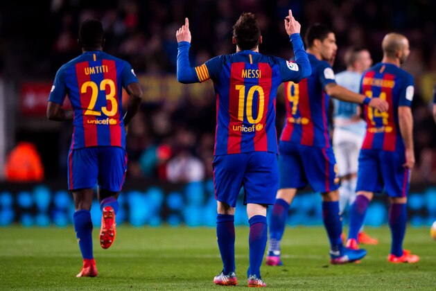 BARCELONA, SPAIN - MARCH 04: Lionel Messi of FC Barcelona celebrates after scoring his team's fifth goal during the La Liga match between FC Barcelona and RC Celta de Vigo at Camp Nou stadium on March 4, 2017 in Barcelona, Spain. (Photo by Alex Caparros/Getty Images)