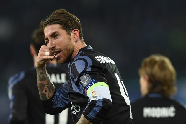 Real Madrid's defender Sergio Ramos celebrates after scoring during the UEFA Champions League football match SSC Napoli vs Real Madrid on March 7, 2017 at the San Paolo stadium in Naples. / AFP PHOTO / Filippo MONTEFORTE        (Photo credit should read FILIPPO MONTEFORTE/AFP/Getty Images)