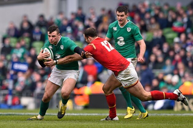 DUBLIN, IRELAND - FEBRUARY 07:  Robbie Henshaw of Ireland is tackled by Jamie Roberts of Wales during the RBS Six Nations match between Ireland and Wales at the Aviva Stadium on February 7, 2016 in Dublin, Ireland.  (Photo by Stu Forster/Getty Images)