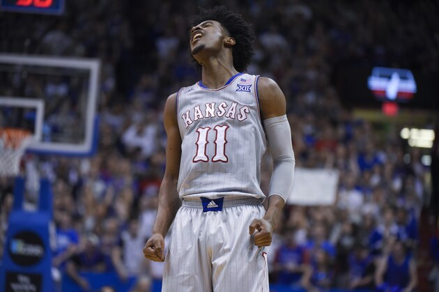 LAWRENCE, KS - FEBRUARY 22: Josh Jackson #11 of the Kansas Jayhawks celebrates a basket agains the TCU Horned Frogs  at Allen Fieldhouse on February 22, 2017 in Lawrence, Kansas. (Photo by Ed Zurga/Getty Images)