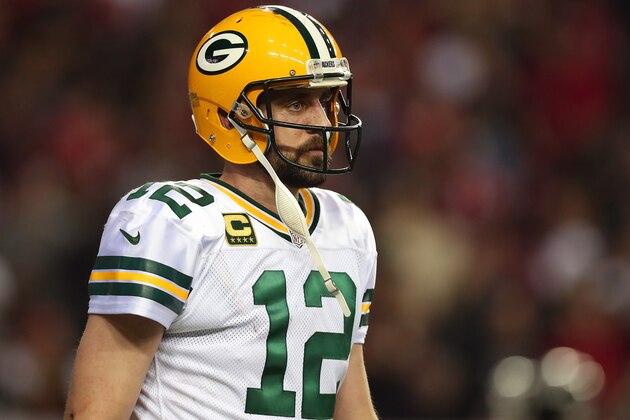 ATLANTA, GA - JANUARY 22:  Aaron Rodgers #12 of the Green Bay Packers reacts during the fourth quarter against the Atlanta Falcons in the NFC Championship Game at the Georgia Dome on January 22, 2017 in Atlanta, Georgia.  (Photo by Tom Pennington/Getty Images)