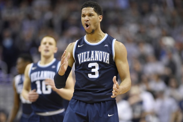 Villanova guard Josh Hart (3) reacts after he hit a 3-pointer during the second half of an NCAA college basketball game against the Georgetown, Saturday, March 4, 2017, in Washington. Villanova won 81-55. (AP Photo/Nick Wass)
