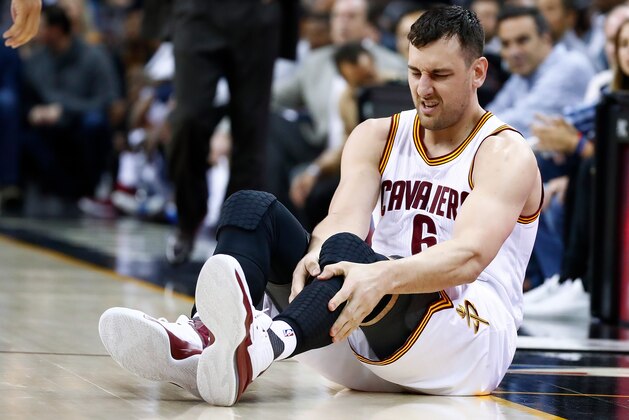 CLEVELAND, OH - MARCH 06: Andrew Bogut #6 of the Cleveland Cavaliers reacts after getting hurt in the first half while playing the Miami Heat at Quicken Loans Arena on March 6, 2017 in Cleveland, Ohio. NOTE TO USER: User expressly acknowledges and agrees that, by downloading and or using this photograph, User is consenting to the terms and conditions of the Getty Images License Agreement.  (Photo by Gregory Shamus/Getty Images)