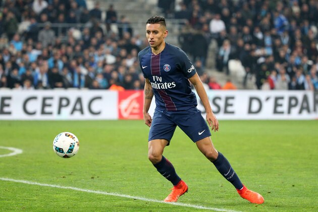 MARSEILLE, FRANCE - FEBRUARY 26: Marquinhos of PSG in action during the French Ligue 1 match between Olympique de Marseille (OM) and Paris Saint Germain (PSG) at Stade Velodrome on February 26, 2017 in Marseille, France. (Photo by Jean Catuffe/Getty Images)