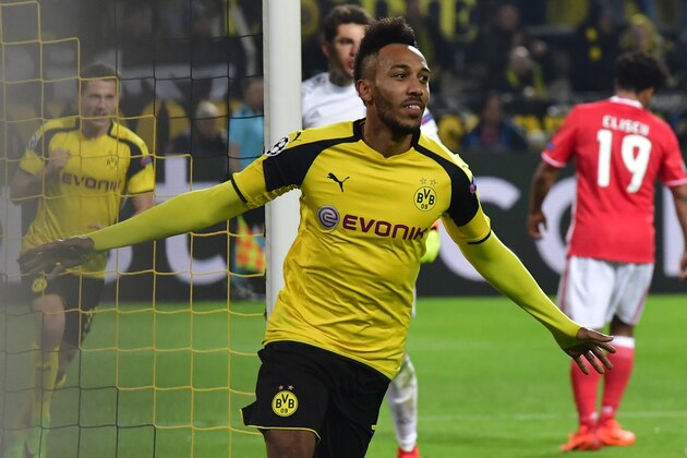 Dortmund's Gabonese forward Pierre-Emerick Aubameyang celebrate scoring the 3-0 goal during the UEFA Champions League Round of 16, 2nd-leg football match Borussia Dortmund v SL Benfica in Dortmund, western Germany on March 8, 2017. / AFP PHOTO / John MACDOUGALL        (Photo credit should read JOHN MACDOUGALL/AFP/Getty Images)