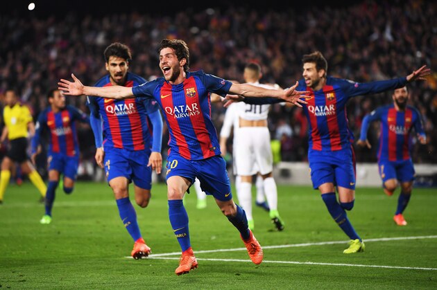 BARCELONA, SPAIN - MARCH 08:  Sergi Roberto of Barcelona (20) celebrates as he scores their sixth goal during the UEFA Champions League Round of 16 second leg match between FC Barcelona and Paris Saint-Germain at Camp Nou on March 8, 2017 in Barcelona, Spain.  (Photo by Laurence Griffiths/Getty Images)