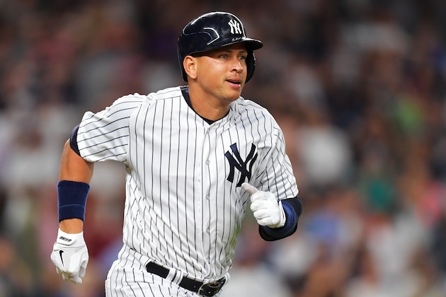 NEW YORK, NY - AUGUST 12: Alex Rodriguez #13 of the New York Yankees runs to first base on a ground out in the seventh inning against the Tampa Bay Rays at Yankee Stadium on August 12, 2016 in New York City. (Photo by Drew Hallowell/Getty Images)