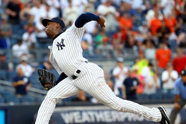 NEW YORK, NY - JULY 23:  Aroldis Chapman #54 of the New York Yankees delivers a pitch in the ninth inning against the San Francisco Giants on July 23, 2016 at Yankee Stadium in the Bronx borough of New York City.  (Photo by Elsa/Getty Images)