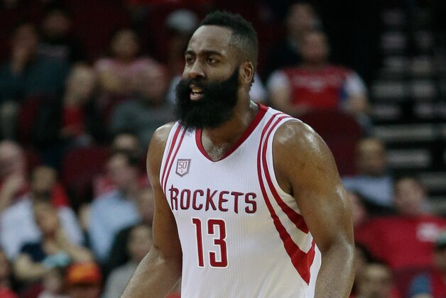 HOUSTON, TX - MARCH 08:  James Harden #13 of the Houston Rockets questions an officials call at Toyota Center on March 8, 2017 in Houston, Texas. NOTE TO USER: User expressly acknowledges and agrees that, by downloading and/or using this photograph, user is consenting to the terms and conditions of the Getty Images License Agreement.  (Photo by Bob Levey/Getty Images)