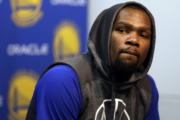 Golden State Warriors' Kevin Durant answers questions during a news conference prior to the team's NBA basketball game against the Boston Celtics on Wednesday, March 8, 2017, in Oakland, Calif. (AP Photo/Ben Margot) Golden State Warriors' Kevin Durant answers questions during a news conference prior to the team's NBA basketball game against the Boston Celtics on Wednesday, March 8, 2017, in Oakland, Calif. (AP Photo/Ben Margot)